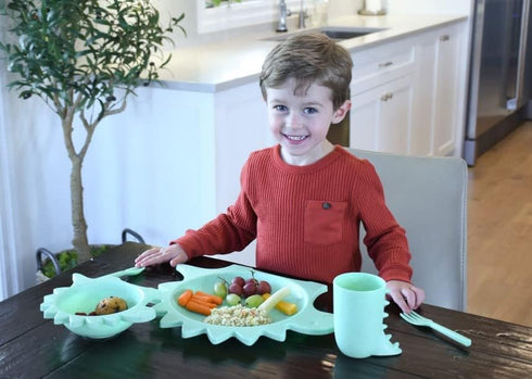5 Piece Cellulose Feeding Meal Set, Plate, Bowl, Cup, Spoon & Fork – Eco-Friendly, Dishwasher & Microwave Safe (Dinosaur)...