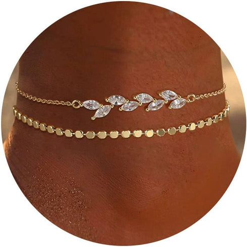 Foxgirl Gold Ankle Bracelets for Women,14k Gold Plated/Silver Anklets for Women Waterproof Layered CZ Leaf Beaded Cuban Chain Anklets Set Summer B...