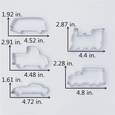 LILIAO Transportation Cookie Cutter Set - 5 Piece - Train, Truck, Pick-up Truck, Beat-up Car and Bus Fondant Cutters - Stainless Steel...