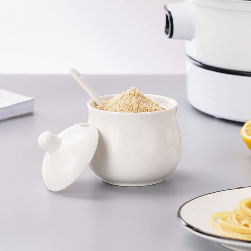 Ceramic Sugar Bowl with Lid and Spoon, White Porcelain Sugar Salt Pepper Storage Jar, 8 Ounces...