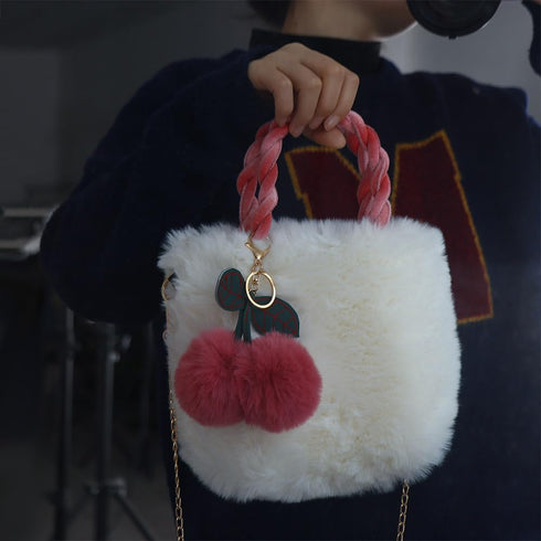 Cherry Fluffy Shoulder Bag Plush Handbag,Female Handbag Cute Coin Purse Square Bag Chains Bag Crossbody Bag Women Shoulder Bag Purse Large Capacit...