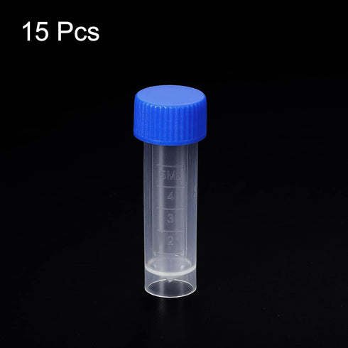 PATIKIL 5mL Plastic Test Tubes, 15 Pack Frozen Container Storage Blue Screw Cap for Lab Laboratory Science, Clear...