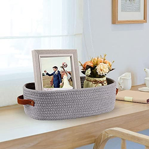 Cotton Rope Small Woven Toilet Paper Room Storage Basket with Handles for Bathroom, 13"x5.9"x4" Gary...