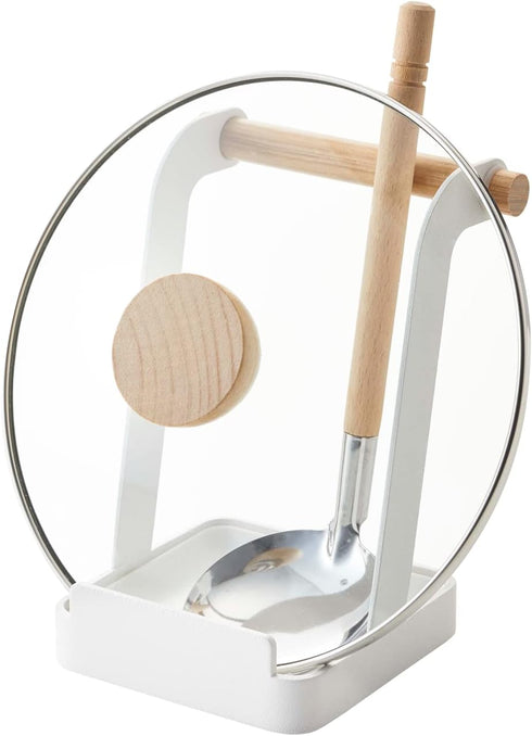 Yamazaki Home Ladle & Lid Rest - Kitchen Utensil Organizer Stand for Cooking Steel + Wood White...