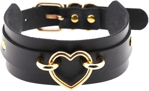 Punk Leather Goth Choker Collar Adjustable Rock PU Leather Choker Necklaces Cosplay Jewelry Vintage Necklaces - Black with Gold Heart...
