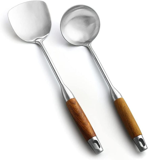 Wok Spatula & Ladle Tool Set, AOOSY 18/10 Stainless Steel Cooking Utensils, Wooden Handle Wok Utensils Soup Ladle 15 inches Set of 2...