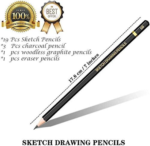 Sketching Pencil Set - 24 Pieces Drawing Sketch Pencil HB,B,2B,3B,4B,5B,6B,7B,8B,10B,12B,14B,H,2H,3H,4H,5H,6H,7H, Includes Charcoal, Eraser, Graph...