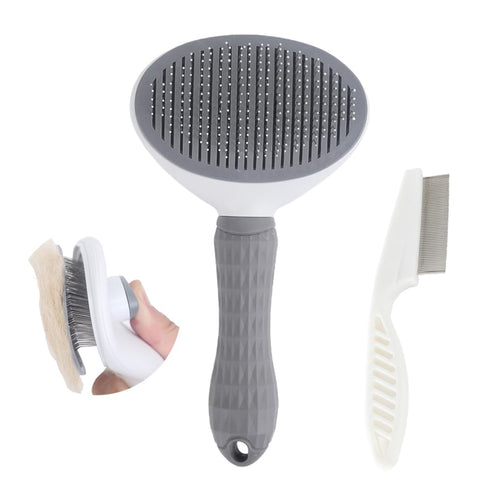 Cat Brush with Release Button, universal for cats and dogs, one click release, brush and flea comb combination set?Pet Hair Comb Tear Stay Removal...