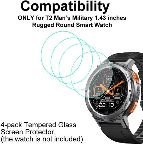 Tempered Glass Screen Protector Compatible with KOSPET TANK T2, AMAZTIM T2 1.43” Man’s Rugged Round Smart Watch, 4pcs, 9H...