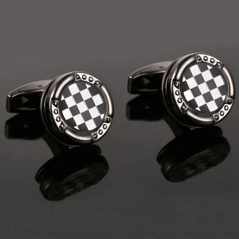 Classic Square Cufflinks for Men, Plaid Cufflinks, Black White Round Cuff Links, Checkered Cufflinks French Cufflinks, Brass Rivets for Tuxedo and...