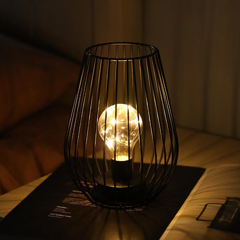 TRIROCKS Metal Cordless Table Lamp - 8'' Tall Cage Shape Battery Operated Lamp with Warm Fairy Lights Bulb for Indoor/Outdoor Use, Perfect for Chr...