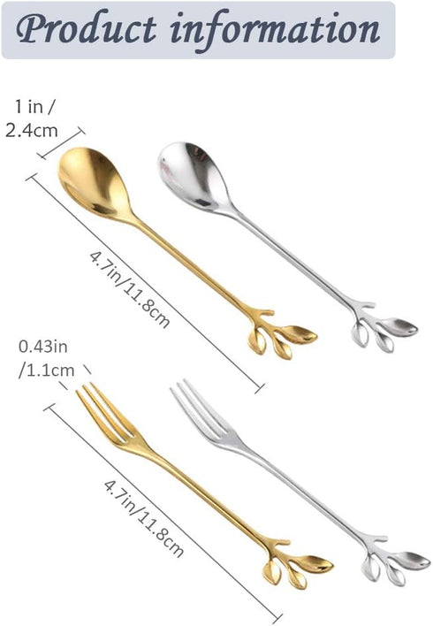 Coffee Spoon Fork 4 Pack(2 Spoons 2 Forks),Silver Leaf Retro Dessert Coffee Small Spoon Cocktail Picks Fruit Fork Flatware,4.7 Inches Stainless St...