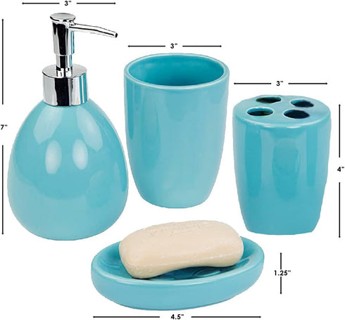 Home Basics 4-Piece Bathroom Accessory Set, Includes Soap/Lotion Dispenser, Toothbrush and Toothpaste Holder, Soap Dish, and Tumbler, Turquoise...