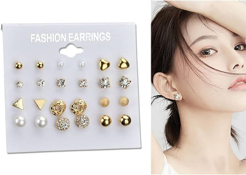 Crystal Pearl Stud Earrings Pack Bride Earring Sets for Women Rhinestone Geometric Heart Earrings Ear Studs Set Gold Earrings for Wedding Birthday...