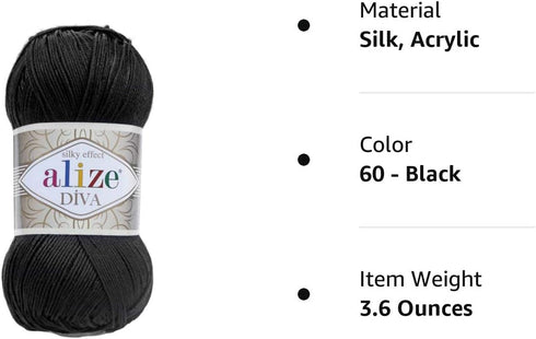 Alize Diva Silk Effect 100% Microfiber Acrylic Yarn 1 Ball skeins 100gr 383yds Color (60 - Black)......