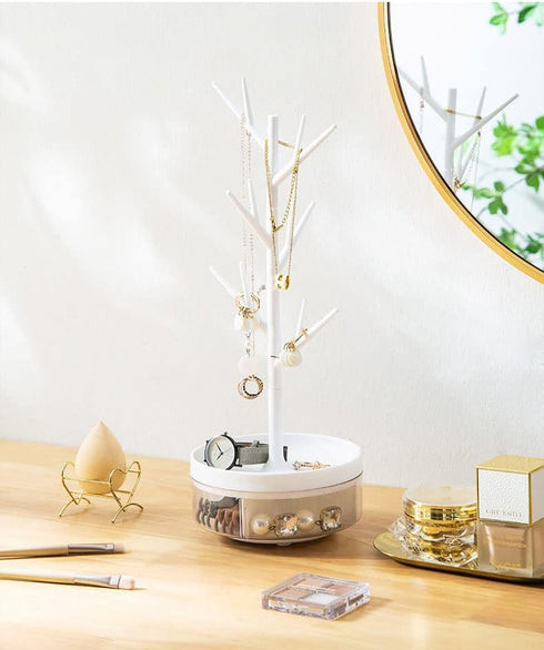 Branch Jewelry Rack With Rotatable Base and Storage Box Tree Tower Rack Hanging Organizer for Ring Earrings Necklace Bracelet,Suitable for living ...