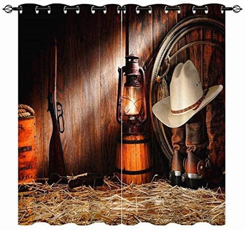 ANHOPE Western Curtains, American West Wooden Barn Rustic Vintage Rodeo Theme Straw Cowboy Hat with Authentic Leather Boots Pattern Grommet Window...