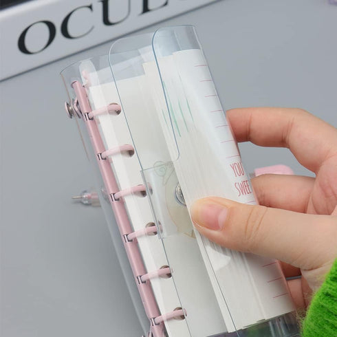 A7 Binder Cover Clear Pink A7 Binder Wallets 6 Ring Planner Binders Pockets Size Budget Binder Cover with Snap Button Closure for Loose-Leaf Folde...