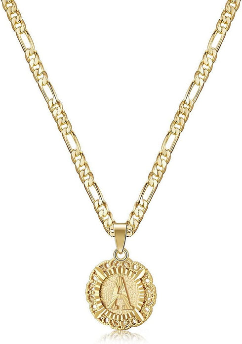 KissYan Initial Necklace For Women,14K Gold Plated Round Letter Pendant Necklace Capital Monogram Necklace Alphabets from A-Z Figaro Chain Necklac...