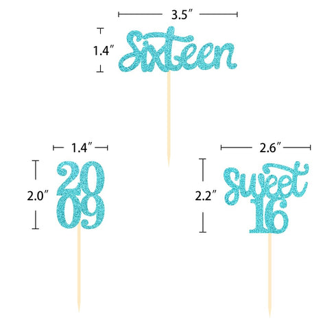 24 Pcs Sweet 16 Blue Glitter Birthday Cupcake Toppers for 16th Birthday Celebrating Party Decorations (Blue)...