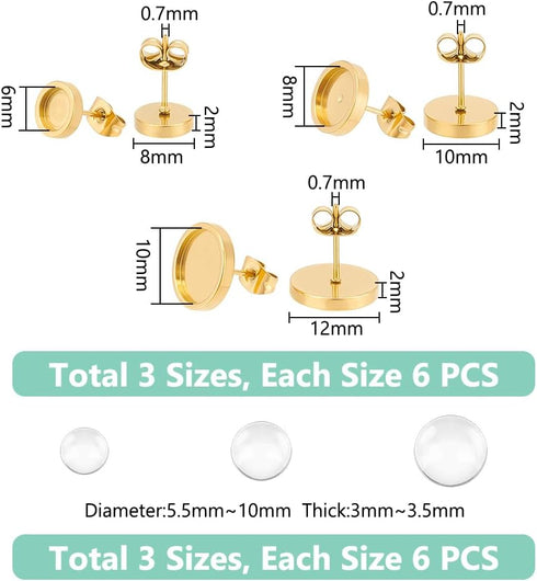 UNICRAFTALE 18 Sets 3 Sizes Stainless Steel Stud Earring Findings Stud Earring Cabochons Tray 6/8/10mm Golden DIY Blank Dome Earring Making Kits w...