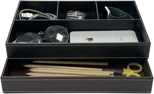 UnionBasic Flat 4-Slot Leather Desk Drawer Tray Stationery Sundries Gadget Organizer Storage Box Pen Pencil Holder Case Container (Black)...