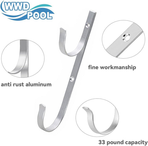WWD POOL Swimming Pool Aluminum Pole Hanger Set, Blue, 1-Pack (2 Hooks), for Telescoping Poles, Leaf Rakes, Skimmers, Nets, Brushes, Vacuum Hoses ...