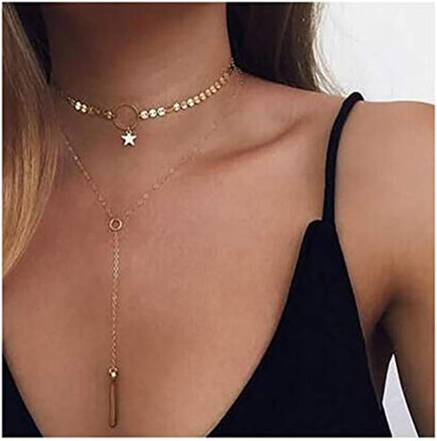 Bohemia Layered Choker Necklace Gold Disc Choker Star Choker Lariat & Y Necklace Bar Pendant Necklace for Women and Girls(Gold)...