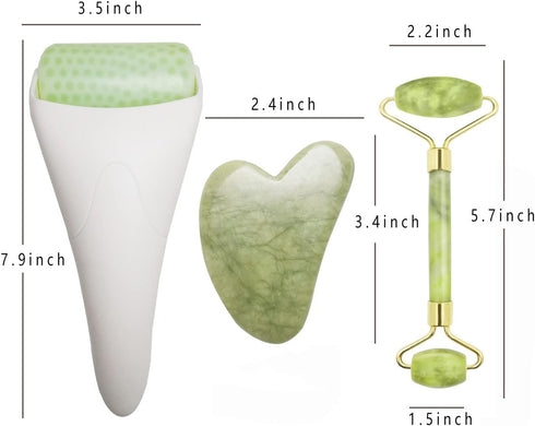 3 in 1 Ficial Face Ice Jade Roller and Gua Sha Tool, Natural Real Jade Anti-Wrinkle Face Eye Neck Massager Tool, Reduce Wrinkles, Puffiness, Migra...