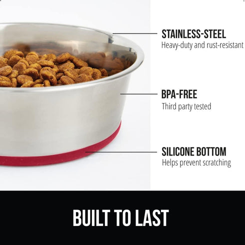 Gorilla Grip Stainless Steel Metal Dog Bowl Set of 2, Rubber Base, Heavy Duty Feeding Dishes, Food Grade BPA Free, Less Sliding, Quiet Pet Bowls f...