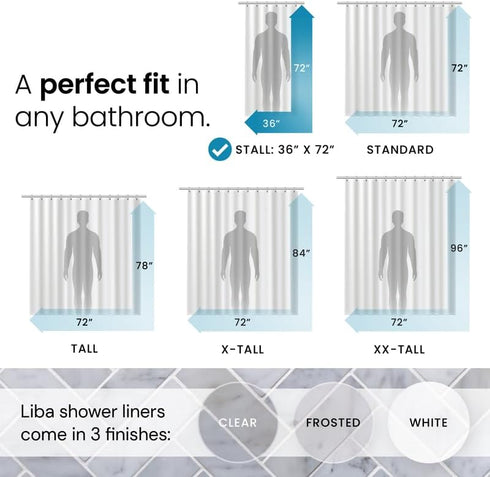 LiBa PEVA 8G Bathroom Small Shower Stall Curtain Liner, 36" W x 72" H Narrow Size, Frosted, 8G Heavy Duty Waterproof Shower Stall Curtain Liner...