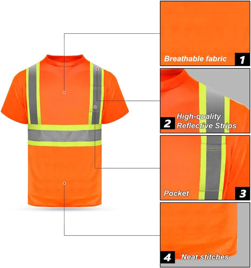 HYCOPROT High Vis Reflective T Shirt Short Sleeve Safety Mesh Quick Dry Shirts (Orange-ms, Small)...