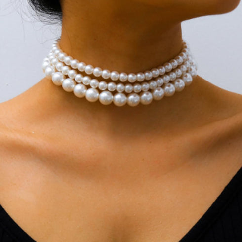 3PCS Multi-Layer Simulated Pearl Choker Necklace Multi-Strand Pearl Statement Bridal Choker Necklace 1920s Pearl Jewelry for Wedding Party 20s Fla...