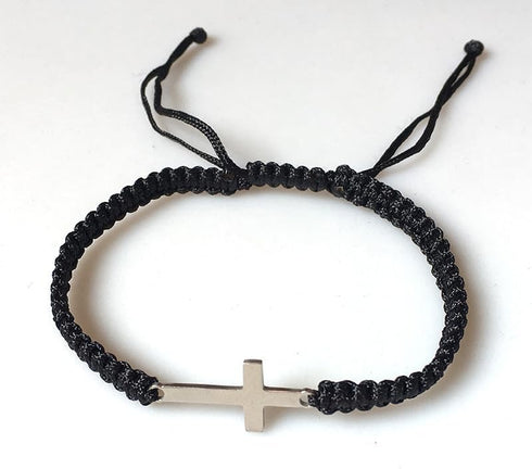 2Pcs Cross Matching Couple Bracelets Handmade Black String Rope Braided Bracelet Cross Charm Adjustable Protection Christian Bracelet for Women Me...