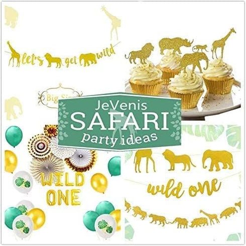JeVenis 30 Pcs Gold Glitter Jungle Safari Animal Cupcake Toppers Jungle Animals Cake Decorations for Jungle safari Animals Party Baby Showers Birt...