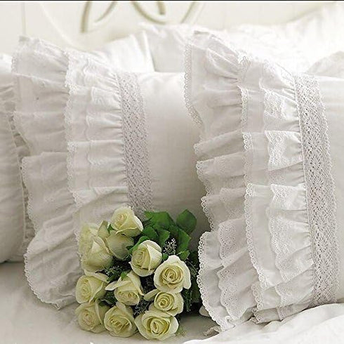 Shabby Vintage White Embroidery Lace & Ruffle Matching Pillowcase Pillow Sham...
