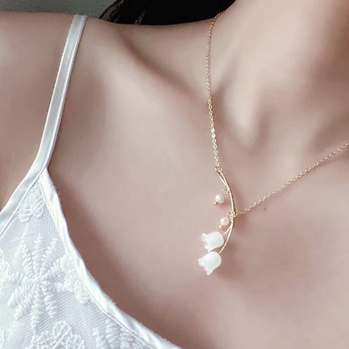 Lily of the Valley Necklace Lily Flower Pearl Pendant Floral Charm Chain Necklace Jewely...