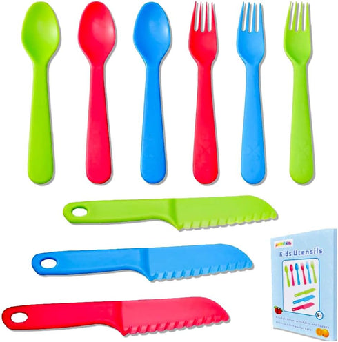 Kids Cutlery Set - Jawbush 9 Pcs Plastic Toddler Utensils Forks and Spoons with Knives for School Lunch Box Camping or Travel, Reusable Kids Silve...