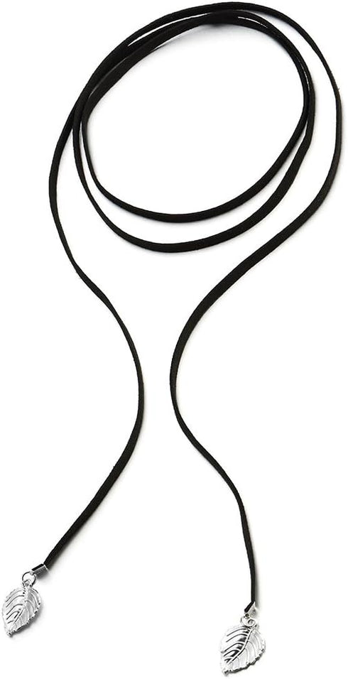 COOLSTEELANDBEYOND Womens Black Wrap Choker Necklace with Leaf, Bolo Tie Necktie, Lariat Necklace, Long Necklace...