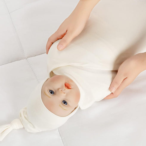 Large Jersey Knitted Swaddle Blanket for Baby, Soft Stretchy Receiving Blanket for Newborns with Hat, Large 47 x 47 inches (Natural)...