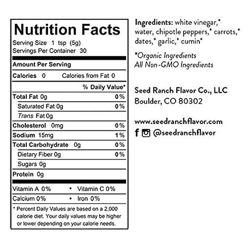 Seed Ranch Gourmet Smoked Jalapeno Hot Sauce, 5 Fl Oz - Medium Heat - Chipotle Pepper, Dates, Cumin & Carrots - Vegan, Non-GMO - Tacos, Burritos, ...