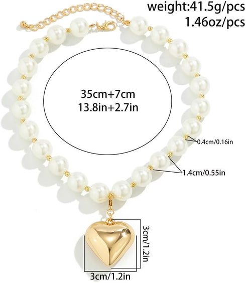 Y2k Love Heart Pendant Necklaces For Women Girls Chunky Imitation Pearl Beads Choker Necklaces Boho Fashion Jewelry Gift...