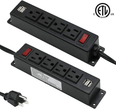 Mountable Power Strip with USB Ports,Wall Mount Power Outlets Screw Down Power Socket in Desk Under Cabinet Power Station 4AC Outlet 2 USB 6.56 Fe...