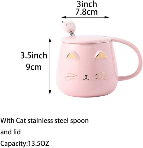 Pink Ceramic Coffee mug Cute Cat Handmade Tea Cups with Stainless Steel Spoon Kitty Cup Unique Hot chocolate Novelty mugs Christmas Birthday for G...