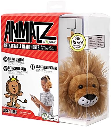 ReTrak Retractable Animalz Tangle-Free, Volume Limiting (85 dB) Over Ear Headphones for Kids, Gold Lion (ETAUDFLION), standard, Lucky Lions...