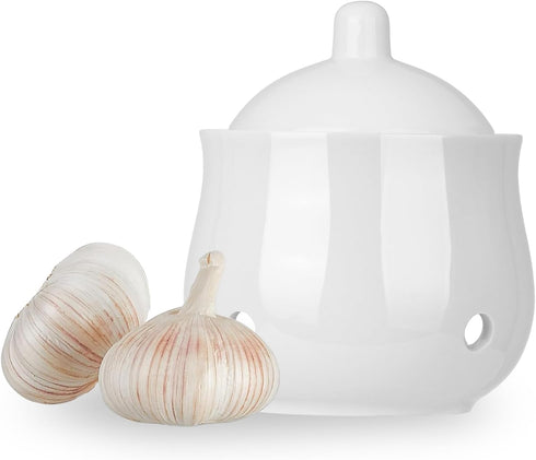 12 OZ Garlic Keeper with Lid, Porcelain Garlic Container Saver for Countertop (White 12 OZ)...