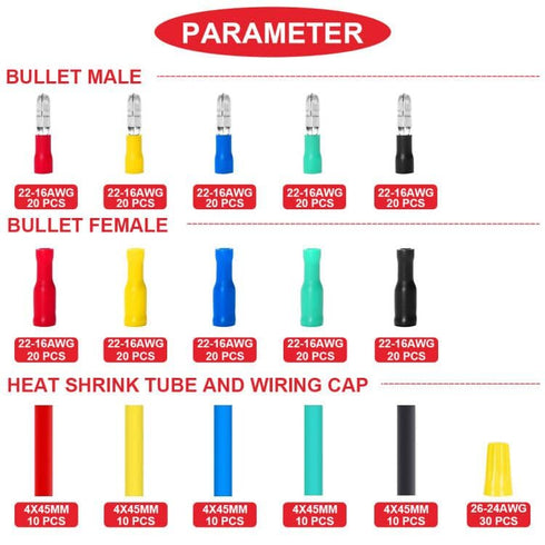 280pcs 22-16AWG Wire connectors Bullet Crimp Terminal Insulated Female and Male Heat Shrink Waterproof Electrical Quick Connector Kit with Colorfu...