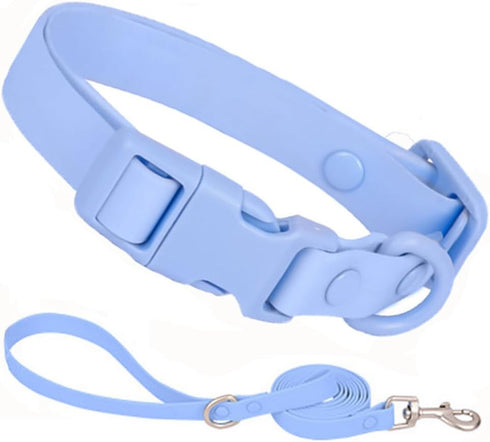 Light Blue Plastic Dog Collar and Leash Set, Silicone Rubber Puppy Collar PVC Washable Quick Release Buckle Water Swim Waterproof Dog Collars for ...