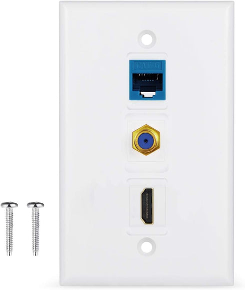 3 Port Wall Plate with Coaxial TV Cable F Type + Cat6 Ethernet + HDMI Keystone Female to Female Jack in White …...