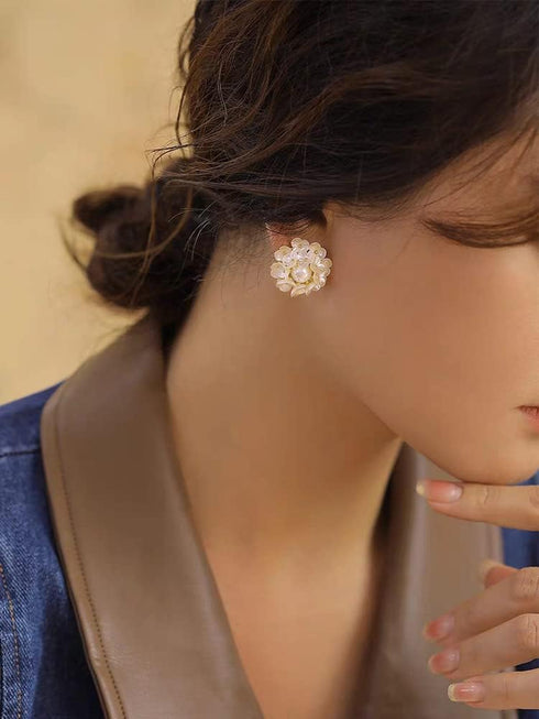 Round Flower Shell Pearl Stud Earrings for Women Girls 925 Sterling Silver Post Pin 14K Gold Plated Dainty White Hydrangea Clover Cluster Leaf Blo...